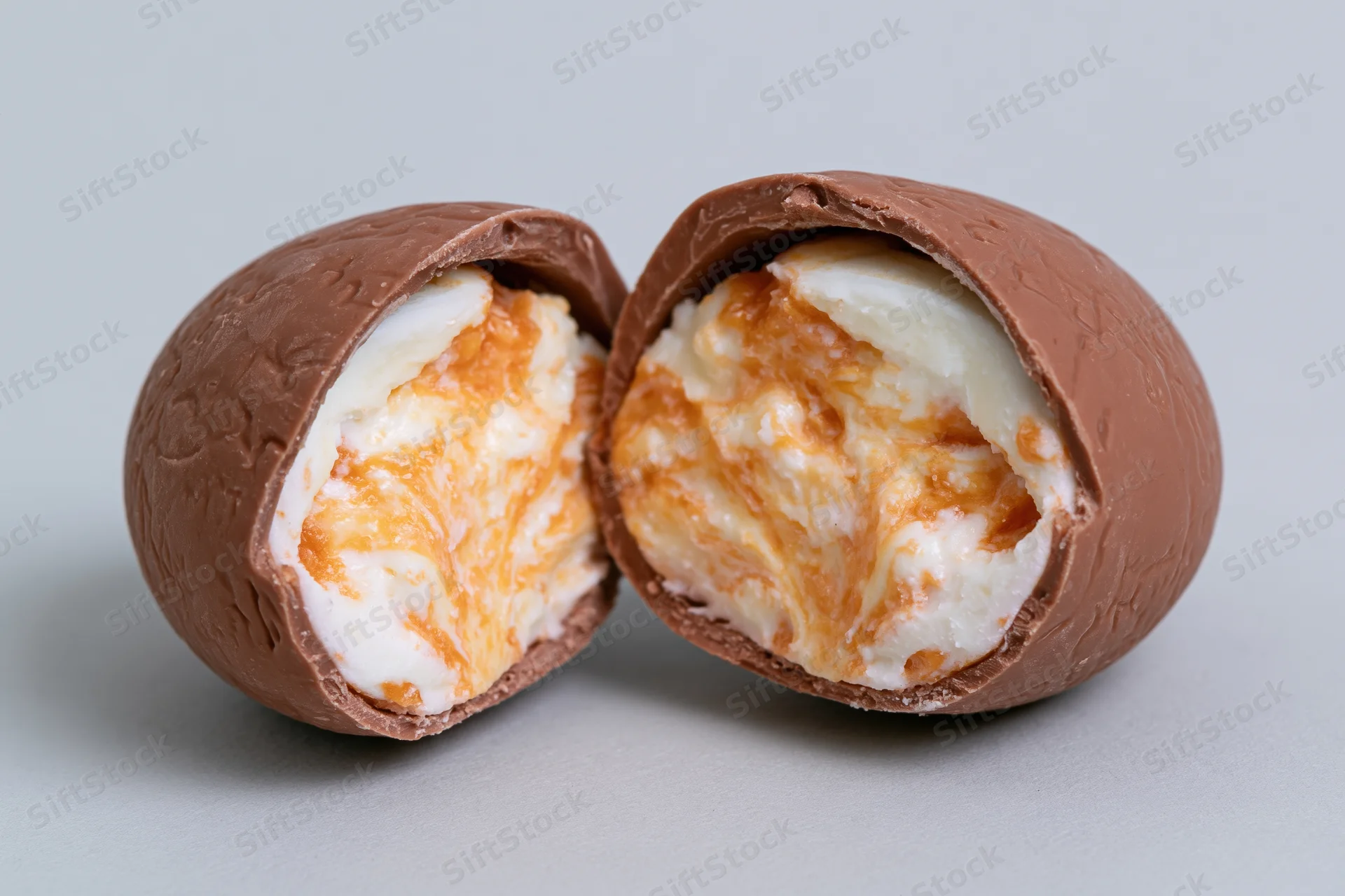 Chocolate cream egg split in half with caramel swirl filling facing upward on plain surface