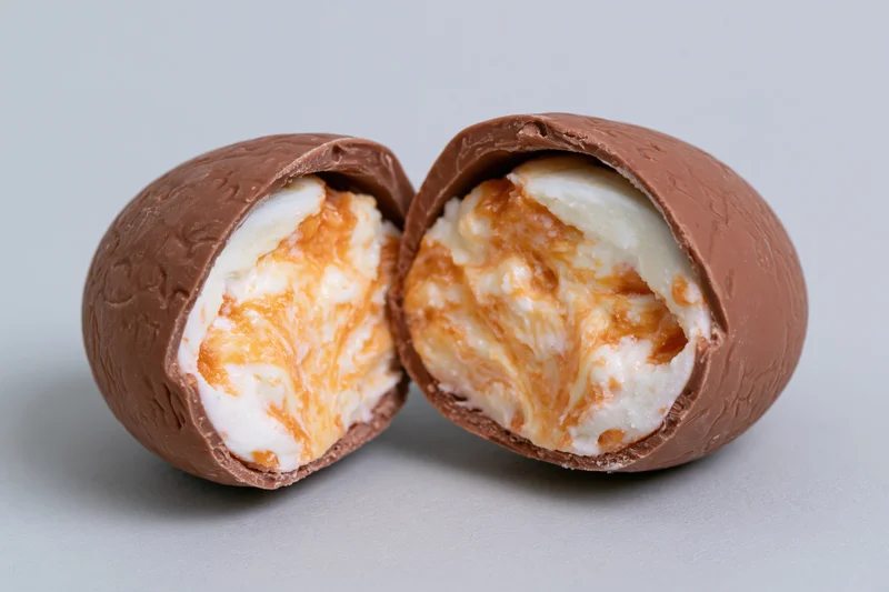 Chocolate cream egg split in half with caramel swirl filling facing upward on plain surface