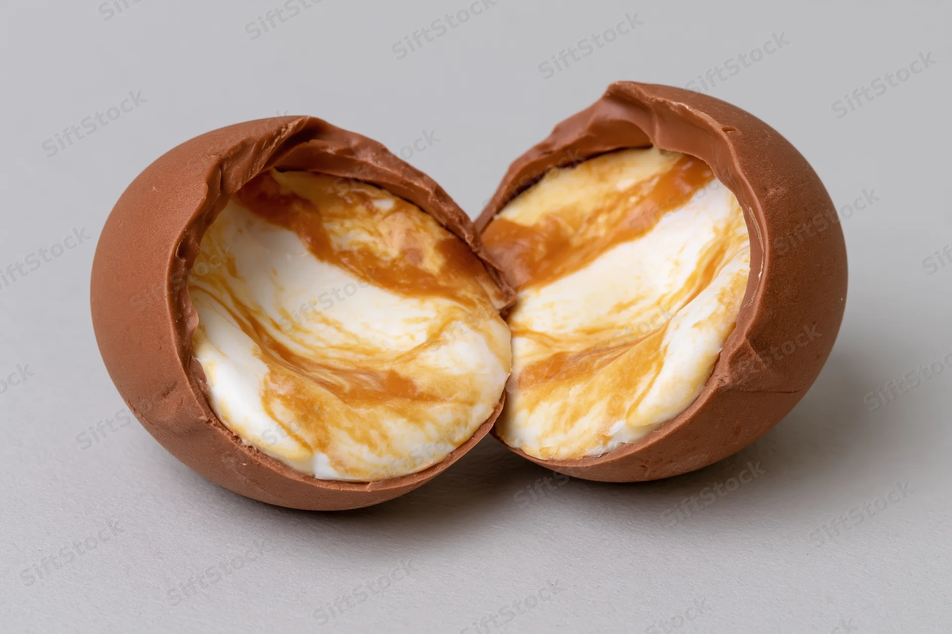 Chocolate egg split in half showing caramel and cream filling on gray surface