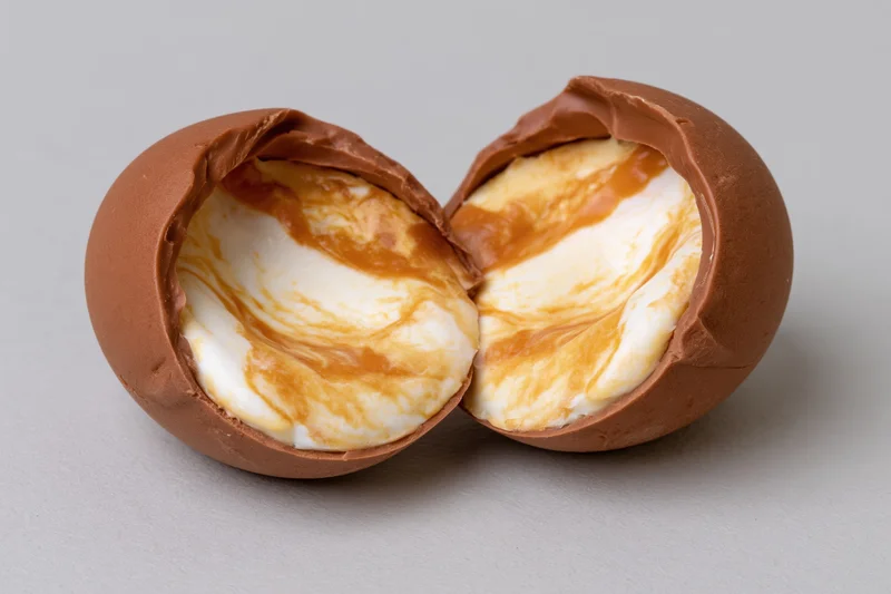 Chocolate egg split in half showing caramel and cream filling on gray surface