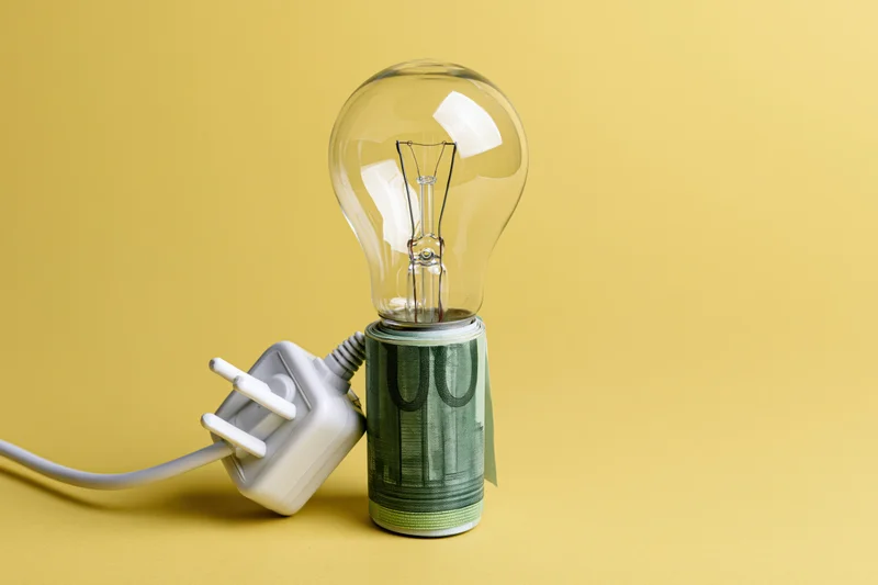 Clear incandescent lightbulb resting on a rolled euro banknote with a white plug and cord beside it on a yellow background