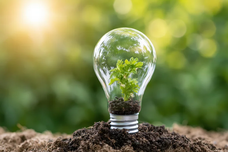 Clear glass lightbulb containing a small green plant growing in soil, placed on a mound of earth outdoors with blurred green foliage and sunlight in the background