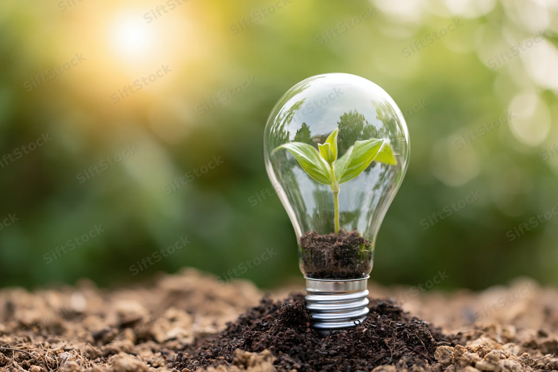 Clear glass lightbulb planted in soil with a small green sprout growing inside, set outdoors in natural light with blurred greenery behind