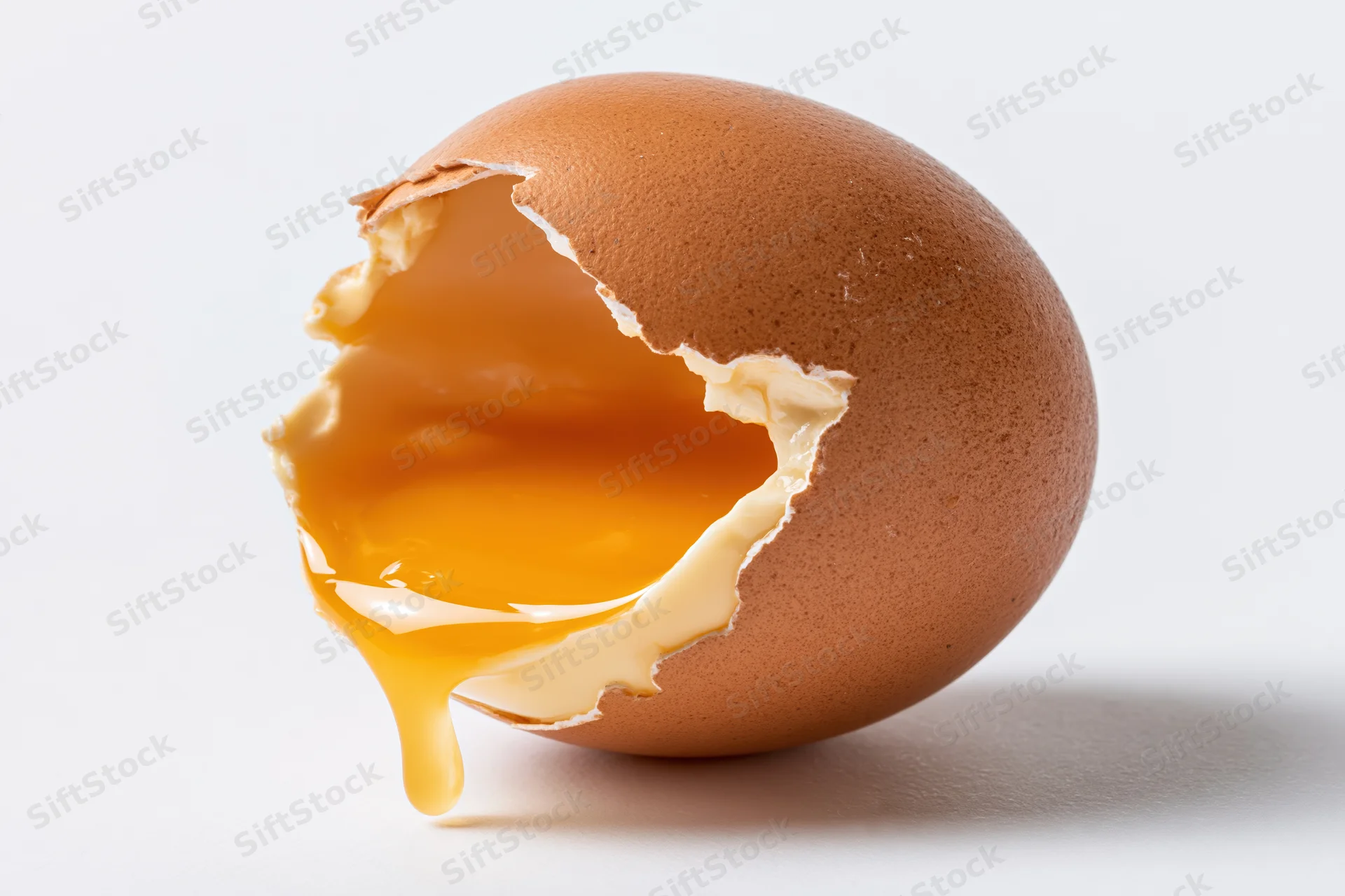 Cracked brown chicken egg with yolk dripping from shell on white surface