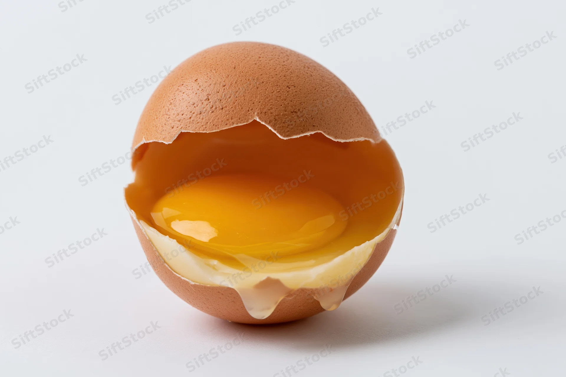 Cracked brown chicken egg with visible yolk and white on white background