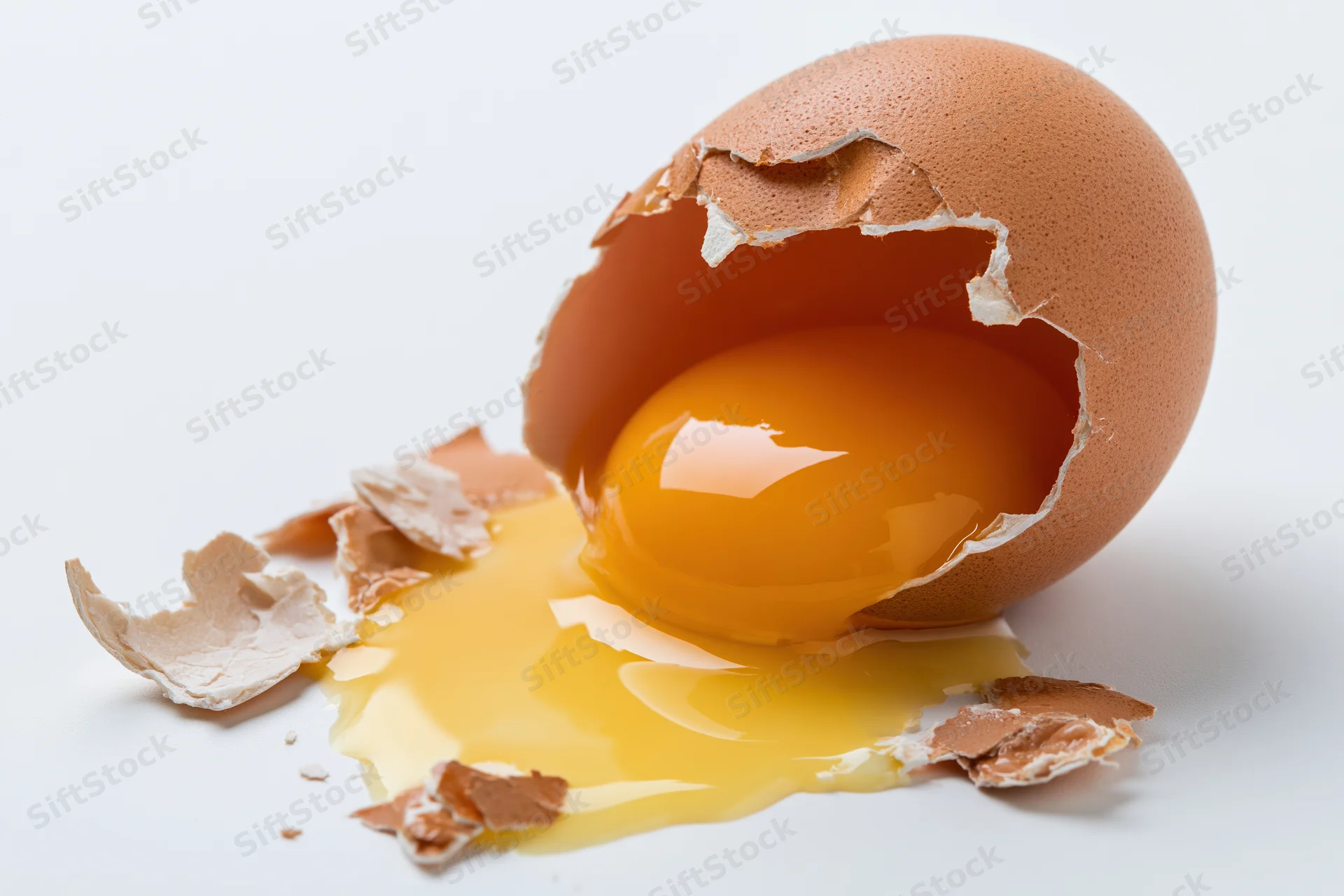 Cracked brown chicken egg split open on flat white surface with yolk spilling out