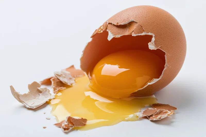 Cracked brown chicken egg split open on flat white surface with yolk spilling out