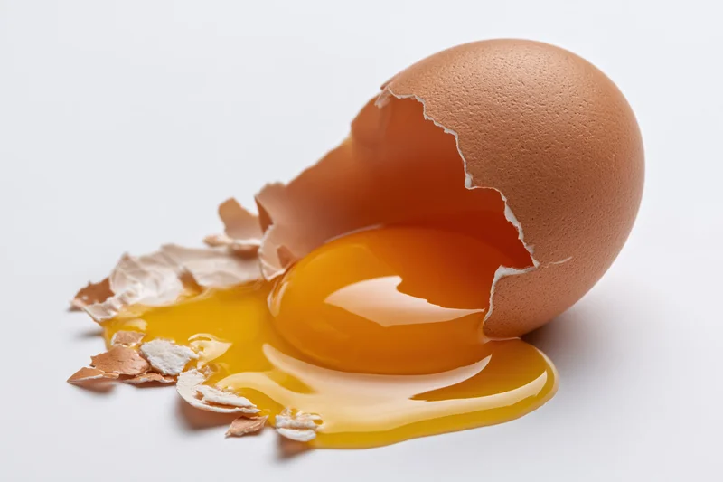 Cracked brown chicken egg with yolk spilling onto flat white surface