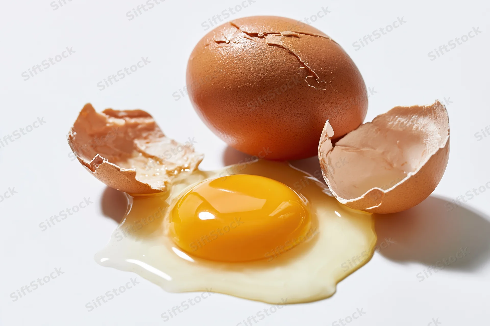 Cracked brown egg broken open on flat white surface with yolk and white spilled out