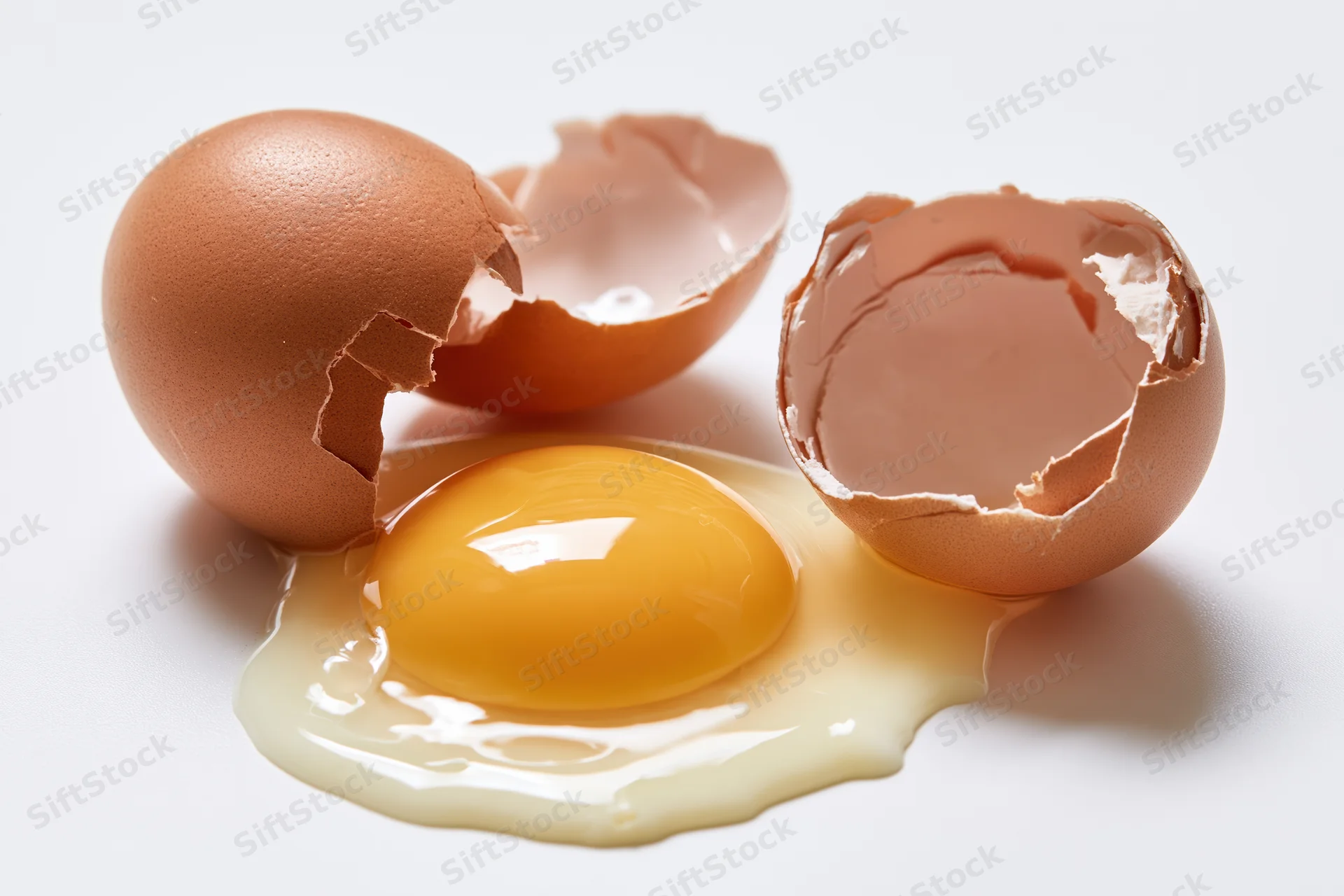 Cracked brown egg broken open on flat white surface with yolk and white spilled out