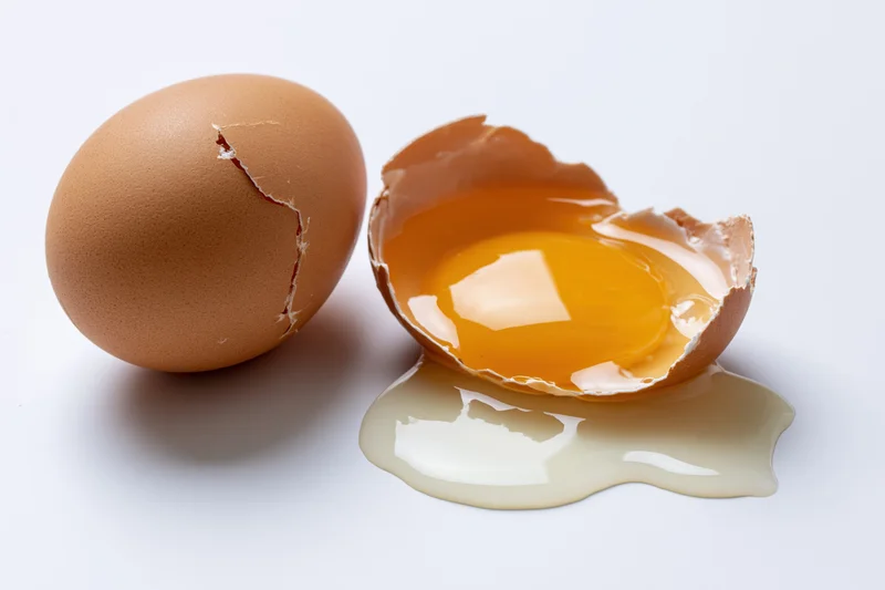 Cracked brown egg broken open on white surface with yolk and white spilled out