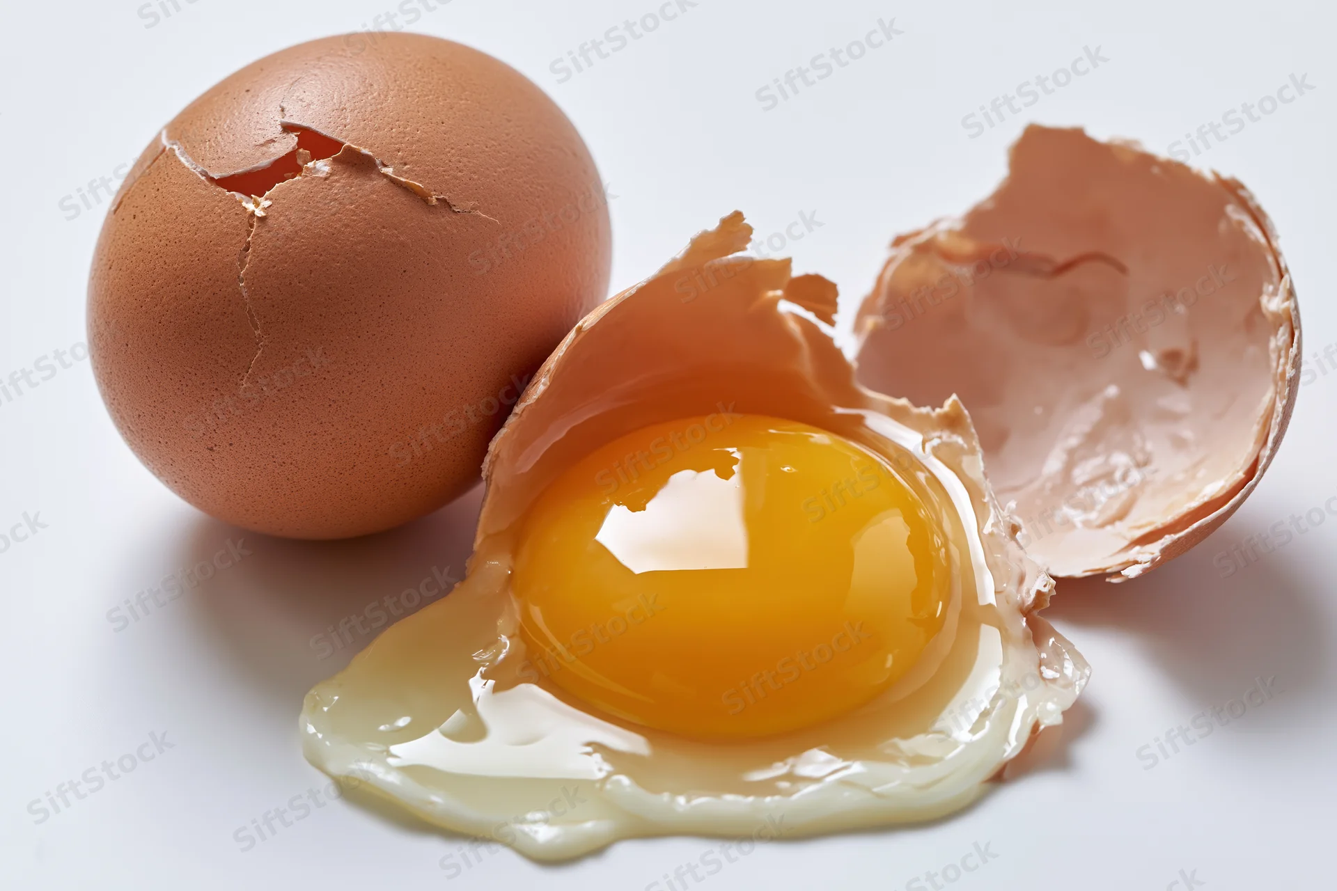 Cracked brown egg broken open on white surface with yolk and shell fragments visible