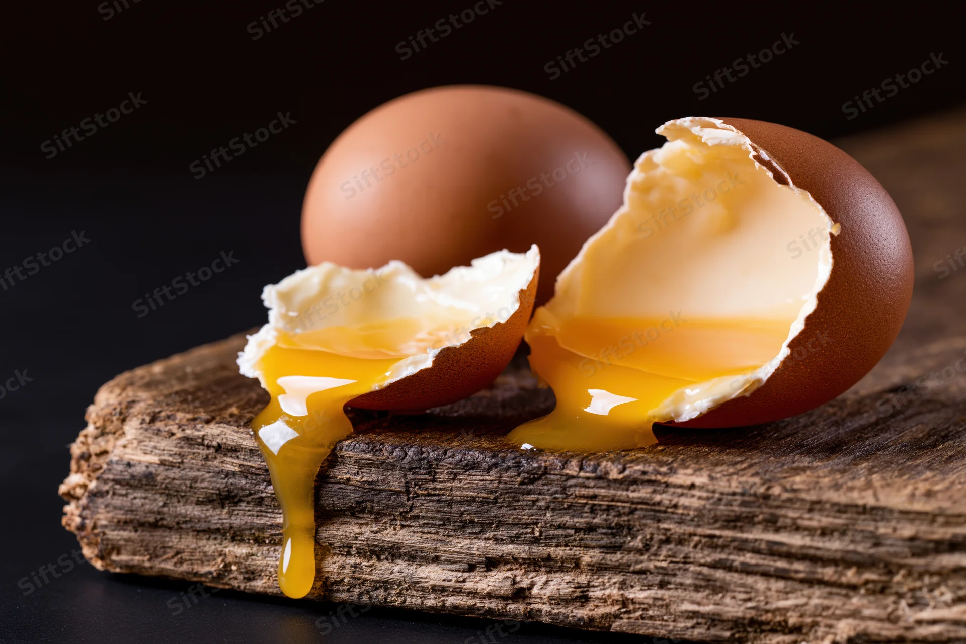Cracked brown egg with yolk dripping off a rustic wooden board