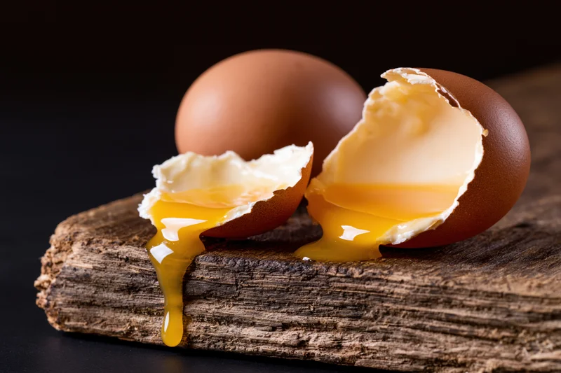 Cracked brown egg with yolk dripping off a rustic wooden board