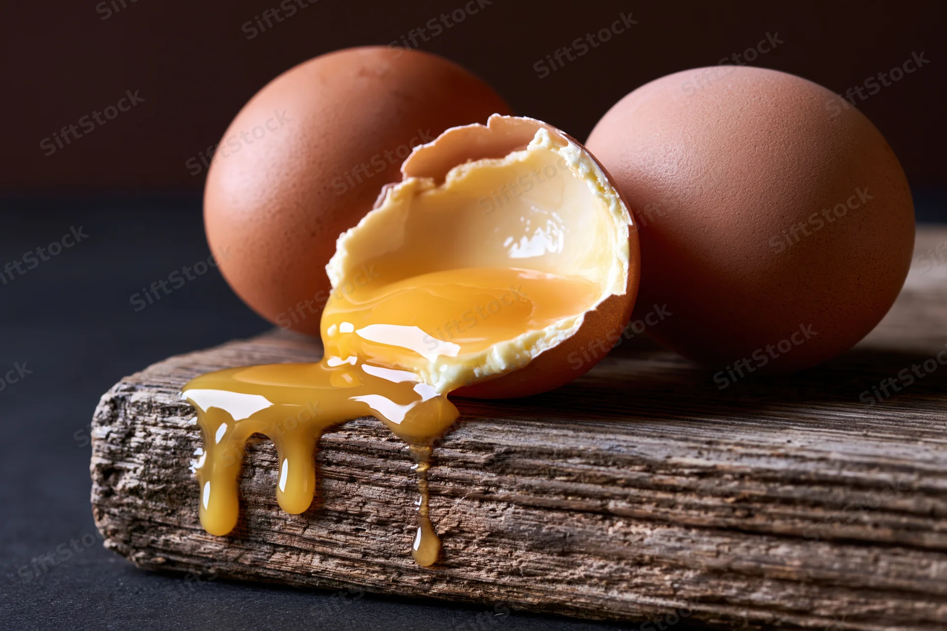 Cracked brown egg with yolk dripping onto a rustic wooden board