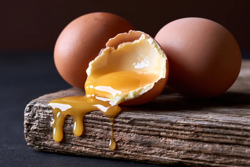 Cracked brown egg with yolk dripping onto a rustic wooden board