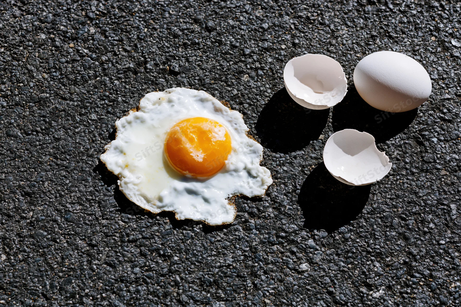 Fried egg cooking on hot dark asphalt pavement with cracked shells nearby