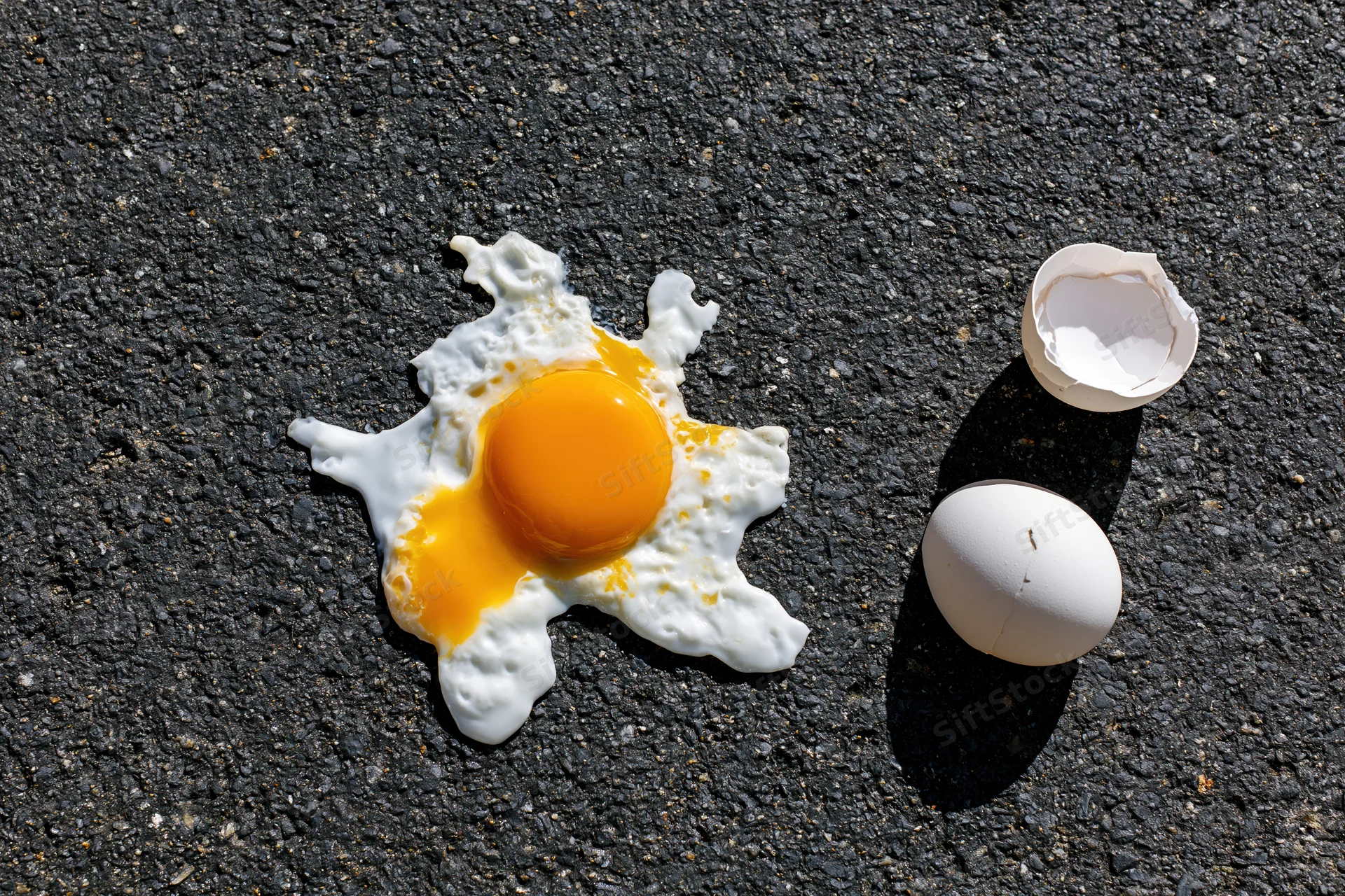 Fried egg on hot asphalt pavement with cracked shell and yolk visible under bright sunlight