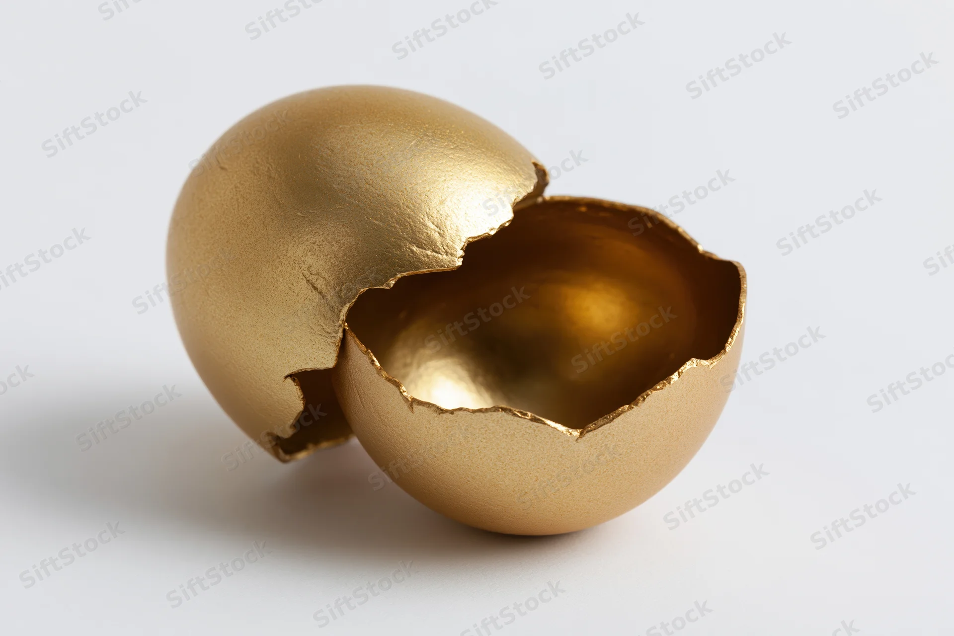Cracked golden egg split into two halves with top shell lifted, revealing empty interior on white background