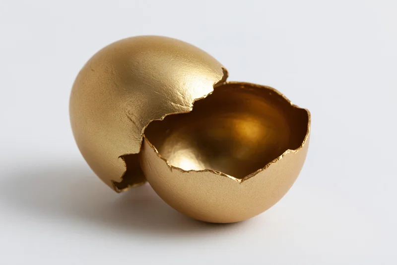 Cracked golden egg split into two halves with top shell lifted, revealing empty interior on white background