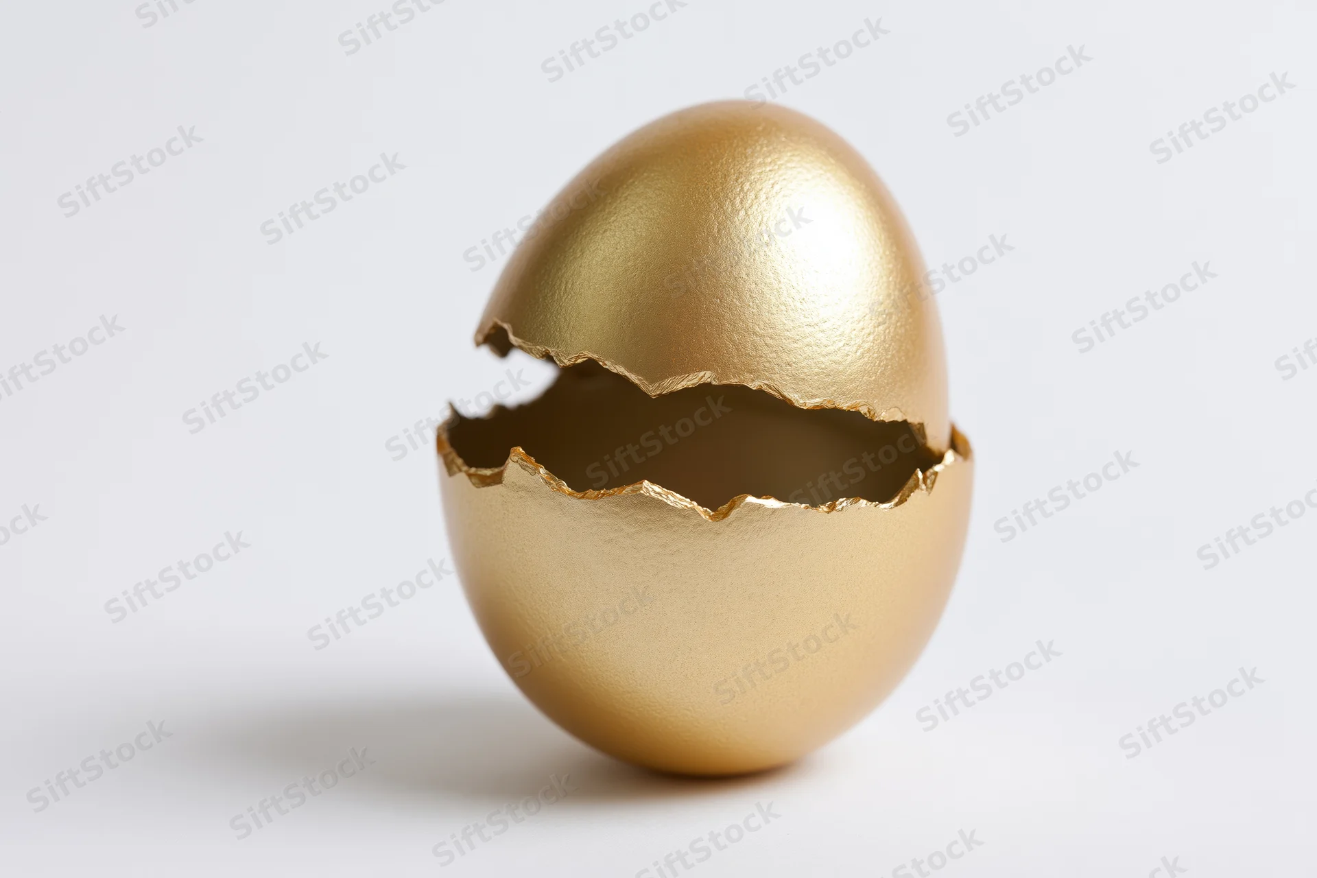 Golden egg split open with top half lifted on white background