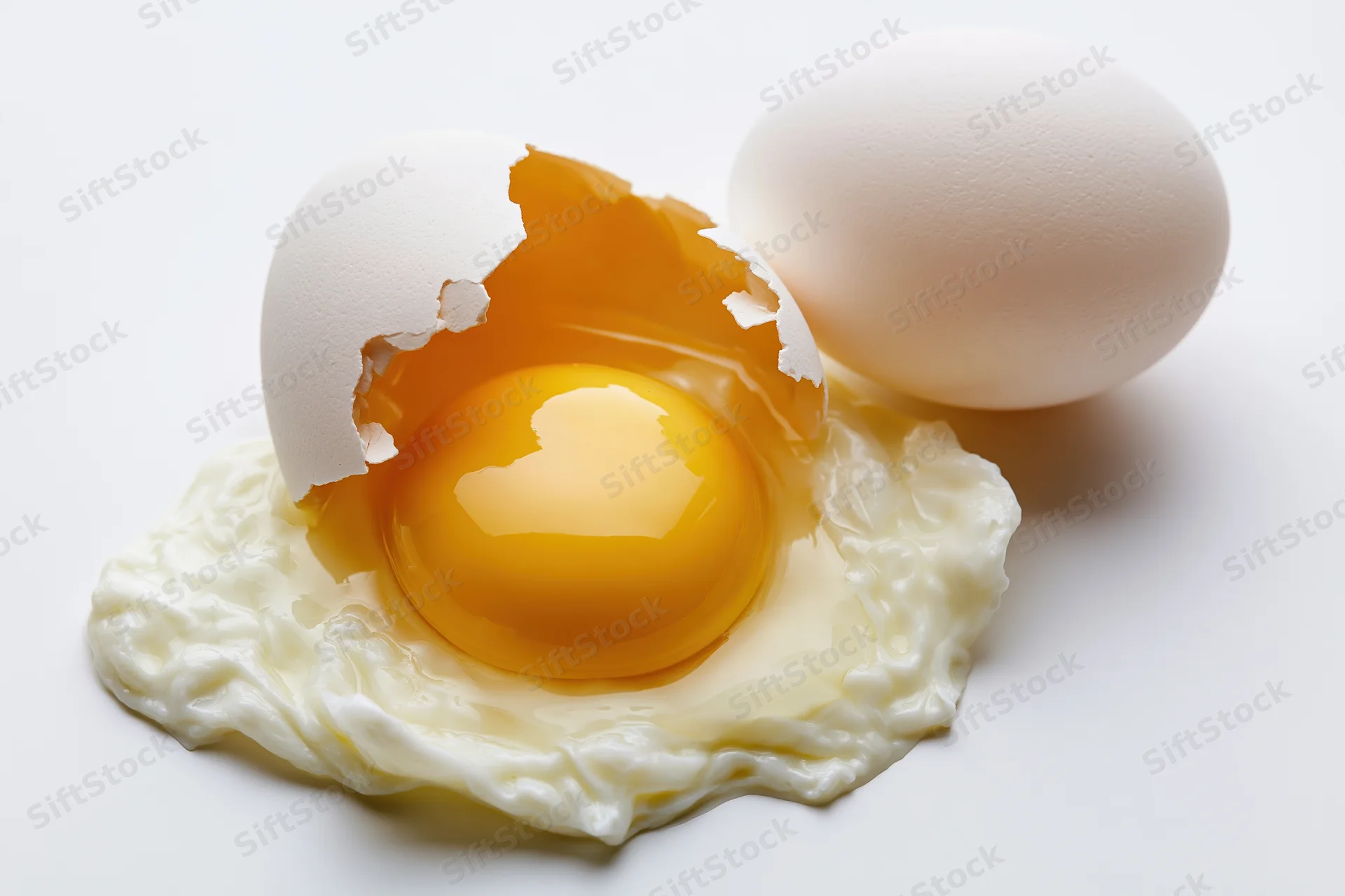 Cracked raw egg with intact yolk on white surface