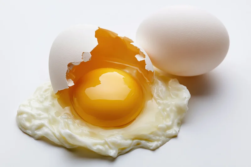 Cracked raw egg with intact yolk on white surface