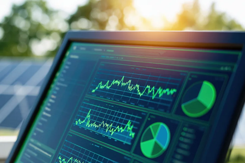 Digital monitoring screen displaying energy data graphs and charts outdoors with sunlight and trees in the background