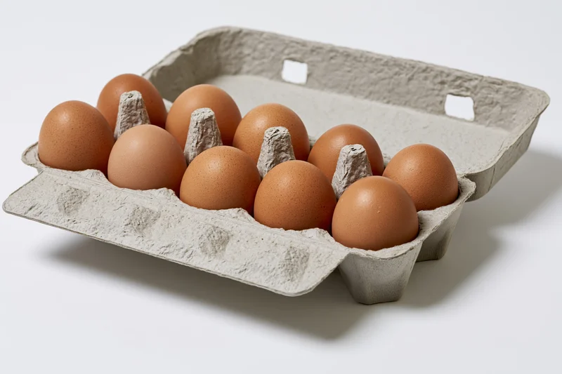A dozen brown chicken eggs arranged in an open grey cardboard carton on a white surface