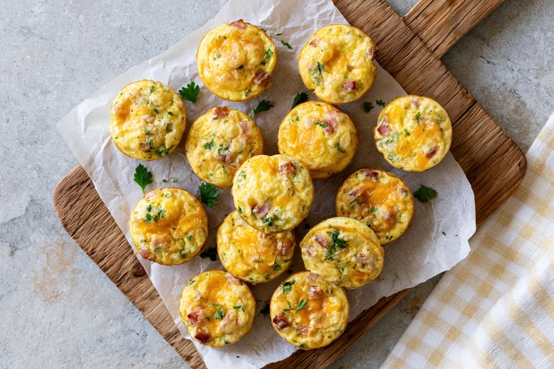 Dozen small baked egg muffins with ham and cheese arranged on parchment paper on a wooden board