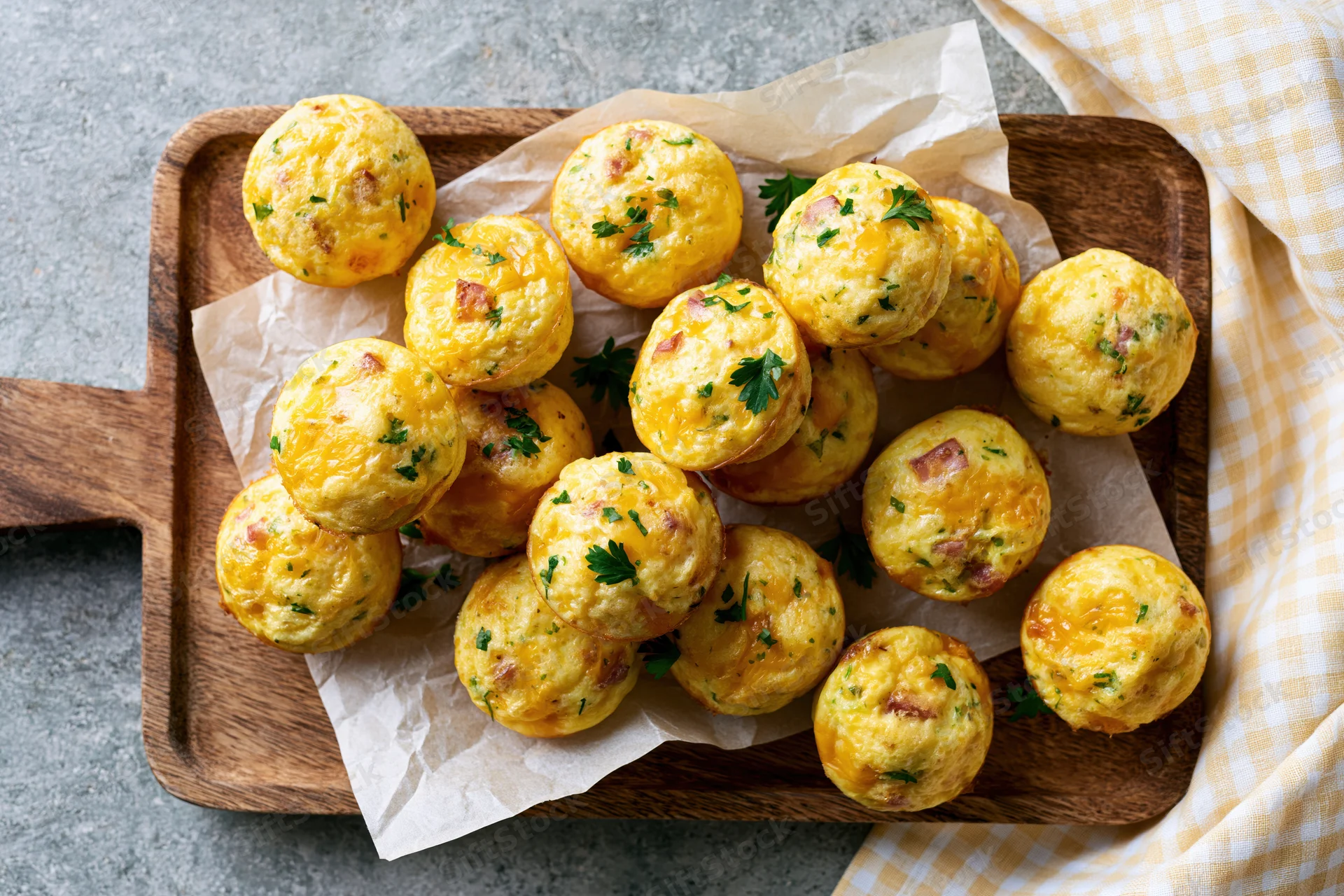 Small baked egg muffin bites with ham and cheese arranged on a wooden tray lined with parchment paper
