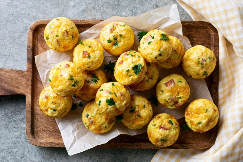 Small baked egg muffin bites with ham and cheese arranged on a wooden tray lined with parchment paper