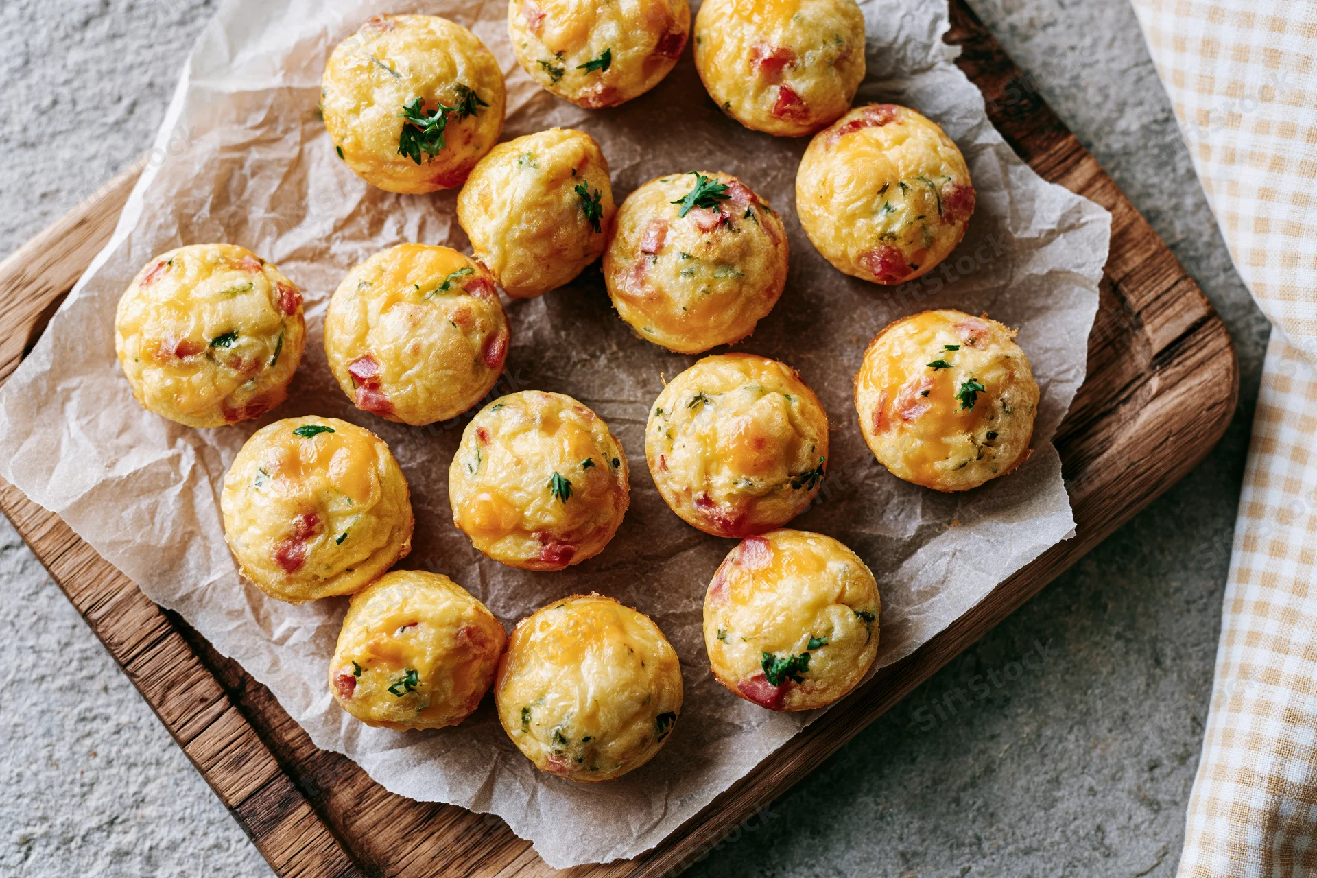 Small baked egg muffin bites with ham and cheese arranged on parchment paper on a wooden board