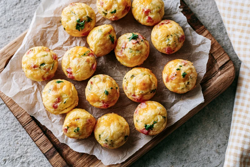 Small baked egg muffin bites with ham and cheese arranged on parchment paper on a wooden board