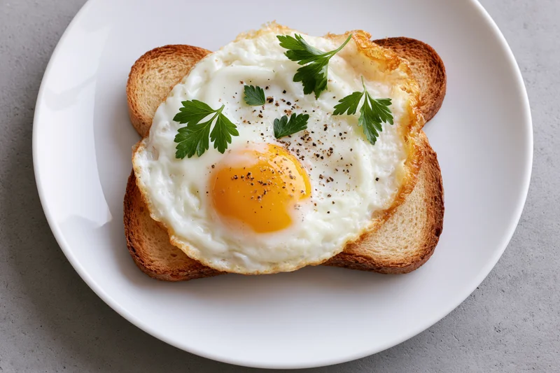 Fried egg sunny-side-up on toasted bread with parsley garnish on white plate