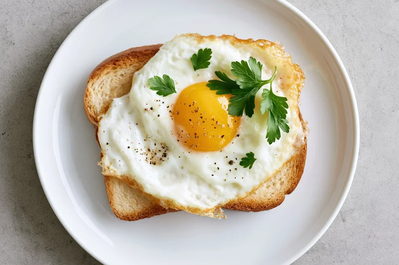 Fried egg sunny-side-up on a slice of toasted bread served on a white plate
