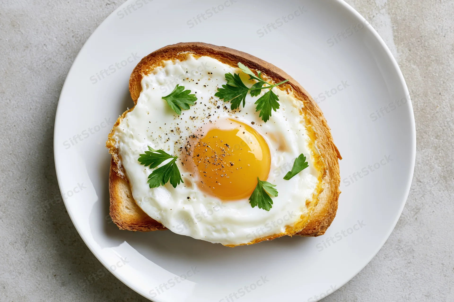 Fried egg sunny-side-up on a slice of toasted bread with parsley and pepper on a white plate