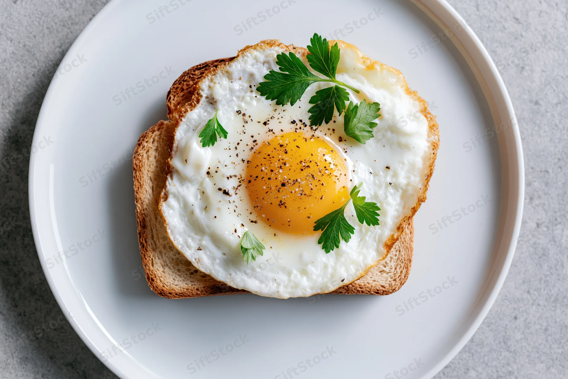 Fried egg sunny-side-up on a slice of toasted bread with parsley garnish on a white plate