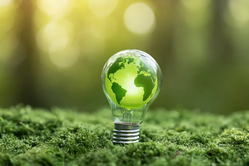 Glass lightbulb containing glowing green earth globe resting on mossy ground in forest setting