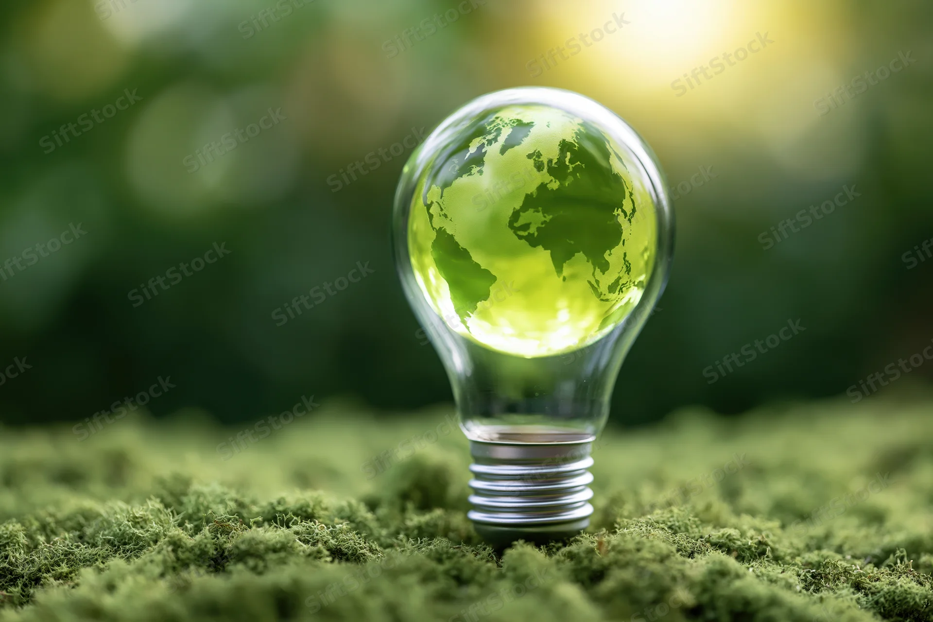 Glass lightbulb containing glowing green earth globe resting on mossy ground in natural outdoor setting