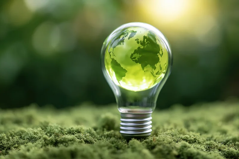 Glass lightbulb containing glowing green earth globe resting on mossy ground in natural outdoor setting