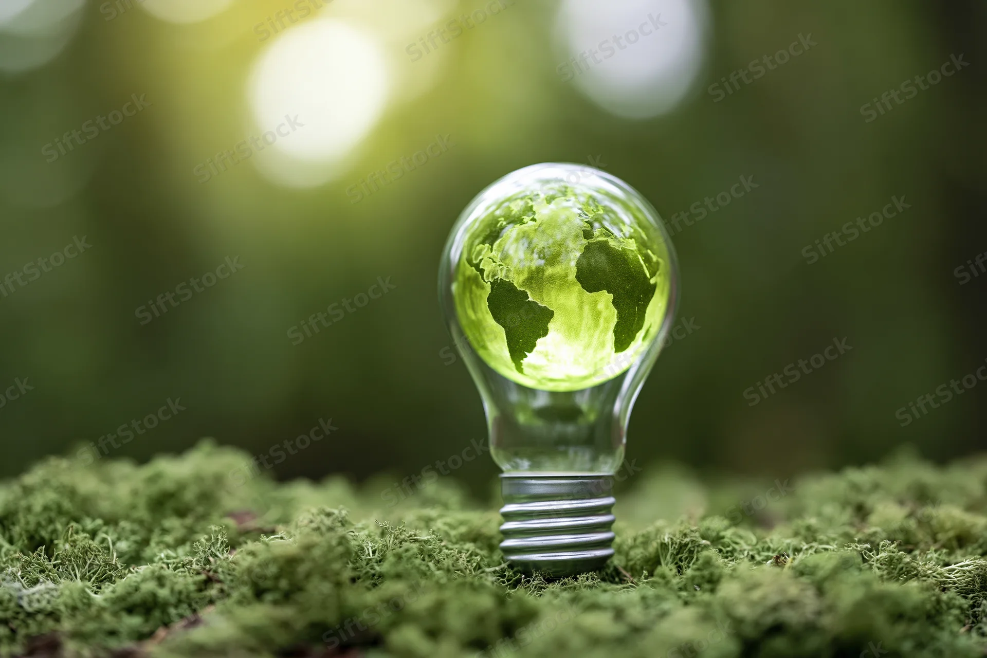 Glass lightbulb containing glowing green Earth globe resting on mossy ground in forest setting