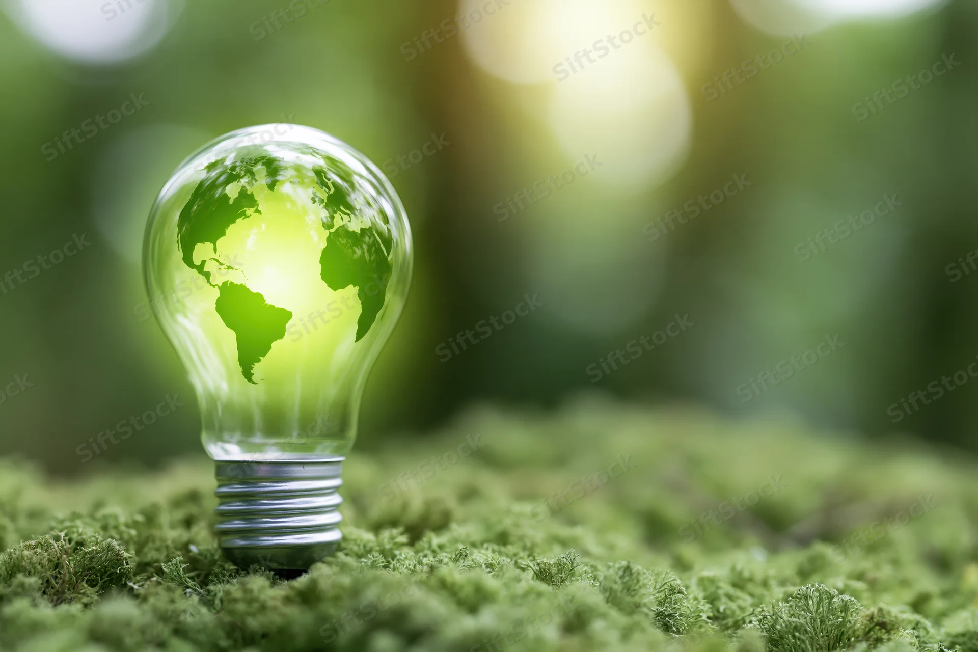 Glass lightbulb containing glowing green earth globe resting on mossy ground in forest setting