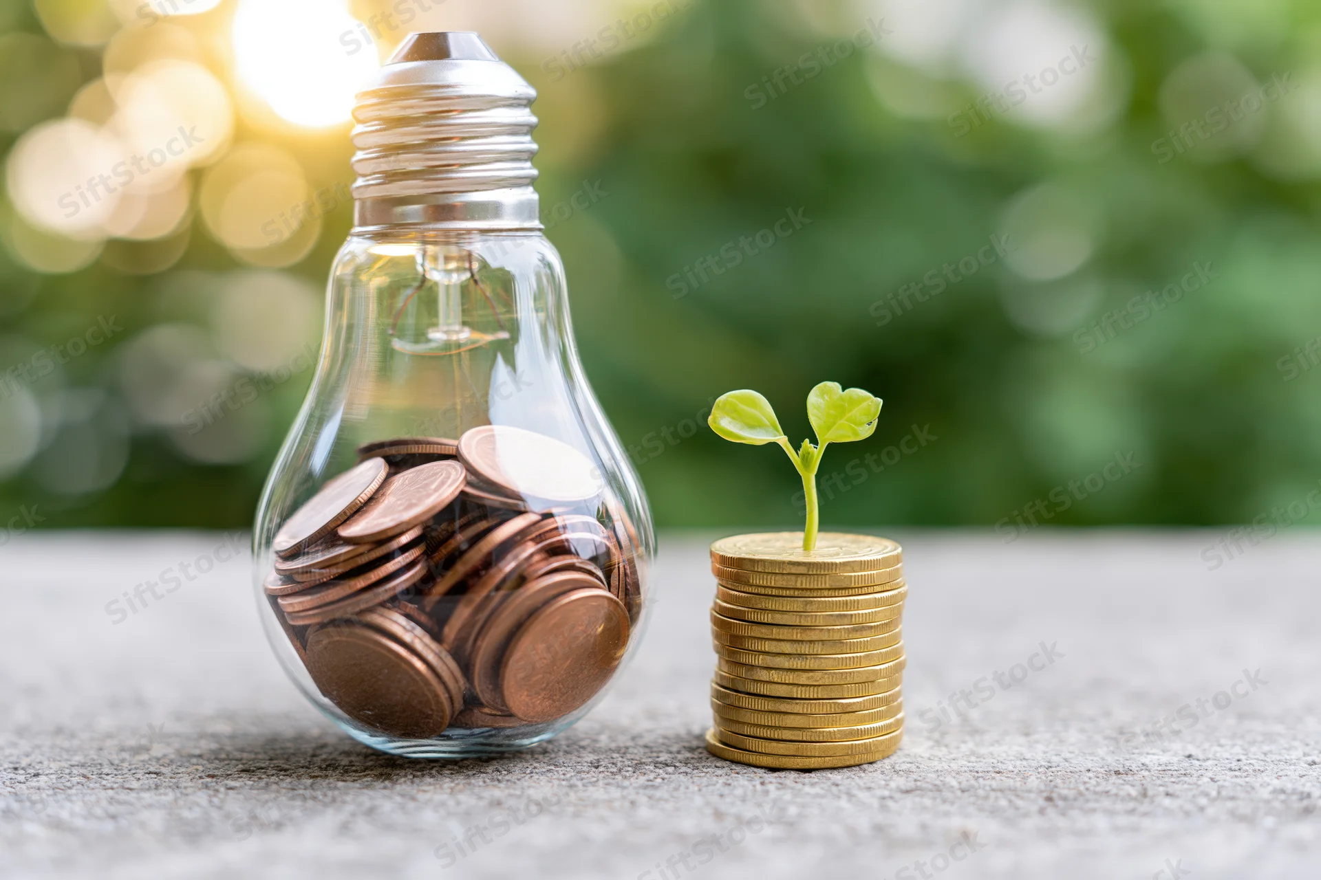 Glass lightbulb filled with copper coins beside a stack of gold coins with a small green sprout growing from it on a textured surface outdoors with blurred greenery and sunlight in the background