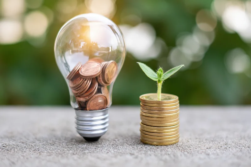 Glass lightbulb filled with copper coins beside a stack of gold coins with a green sprout growing from the top, on a textured surface outdoors with blurred greenery in the background