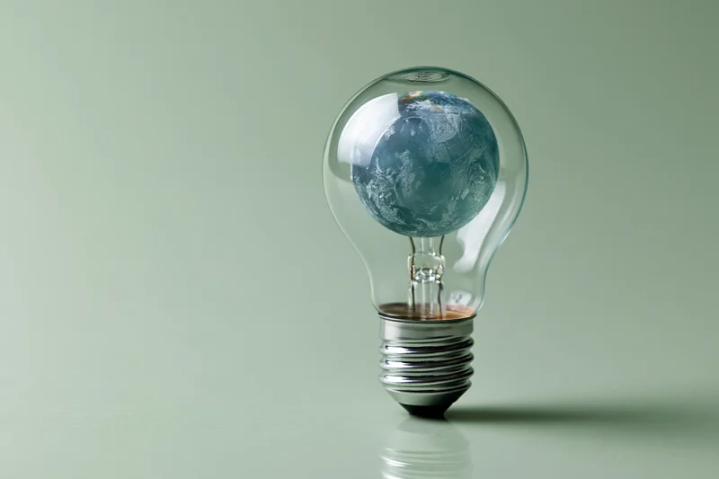 Glass lightbulb containing miniature earth globe on plain surface