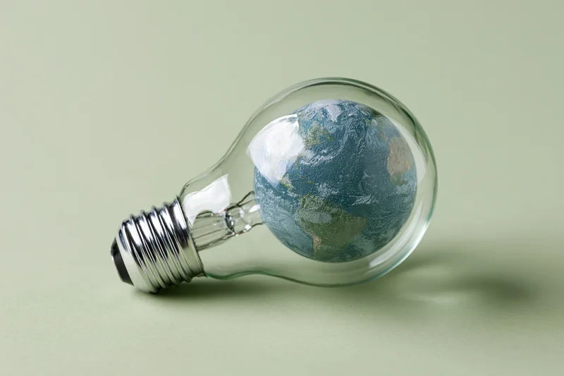 Glass lightbulb containing a miniature Earth globe lying on a plain surface