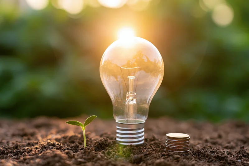 Glowing incandescent lightbulb standing in dark soil beside a small green sprout and a stack of coins, with sunlight in the background