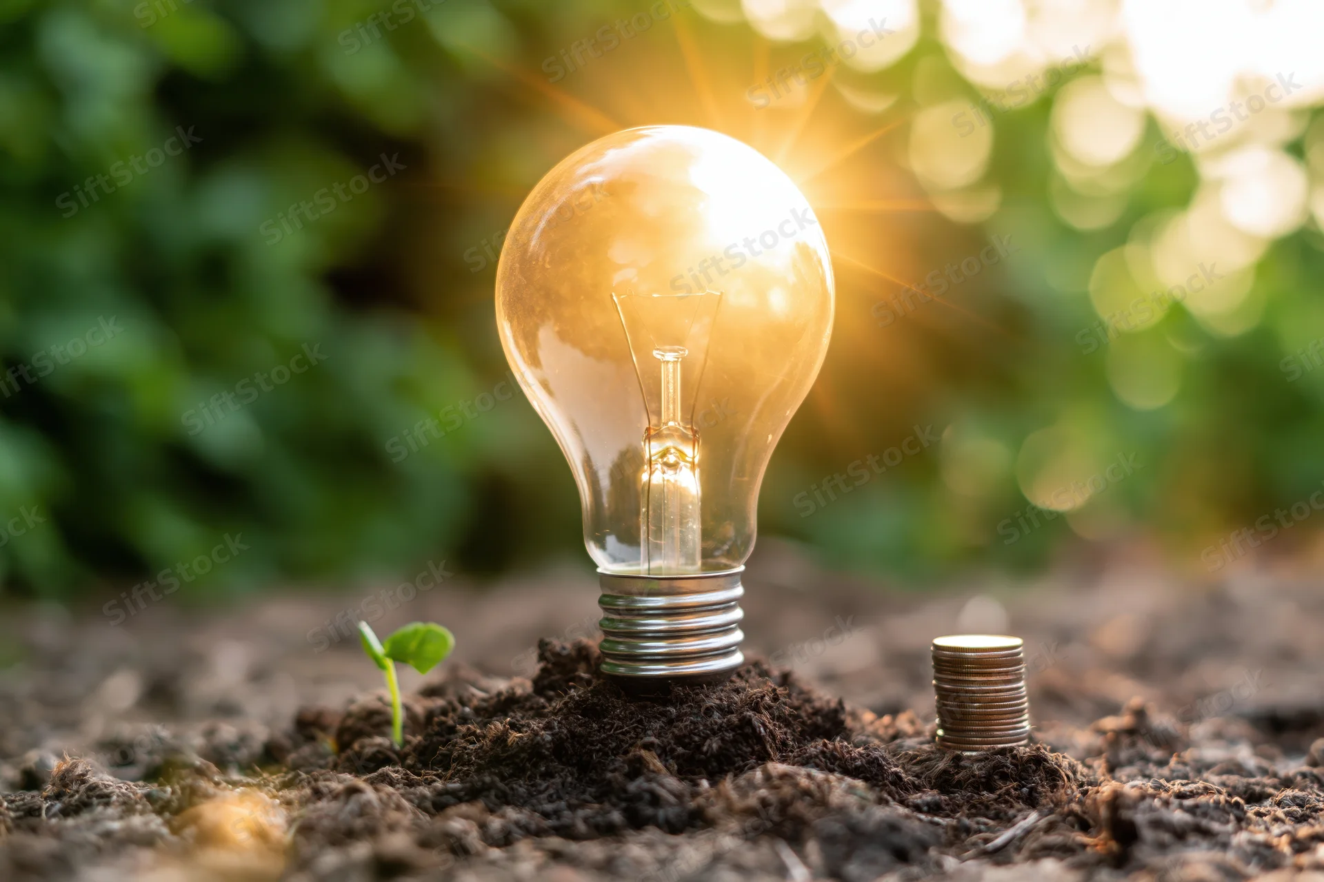 Glowing incandescent lightbulb planted in soil with a small green sprout and stack of coins beside it outdoors in natural light