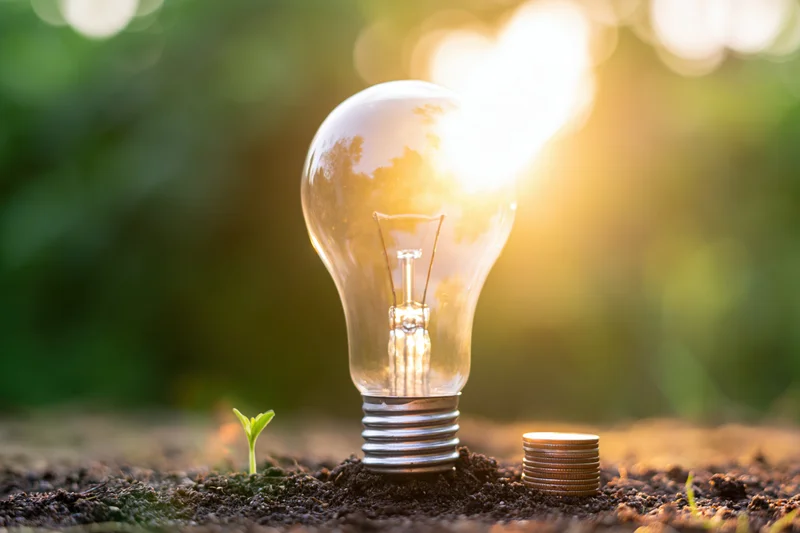 Glowing incandescent lightbulb standing in dark soil with small green sprout and stack of coins beside it